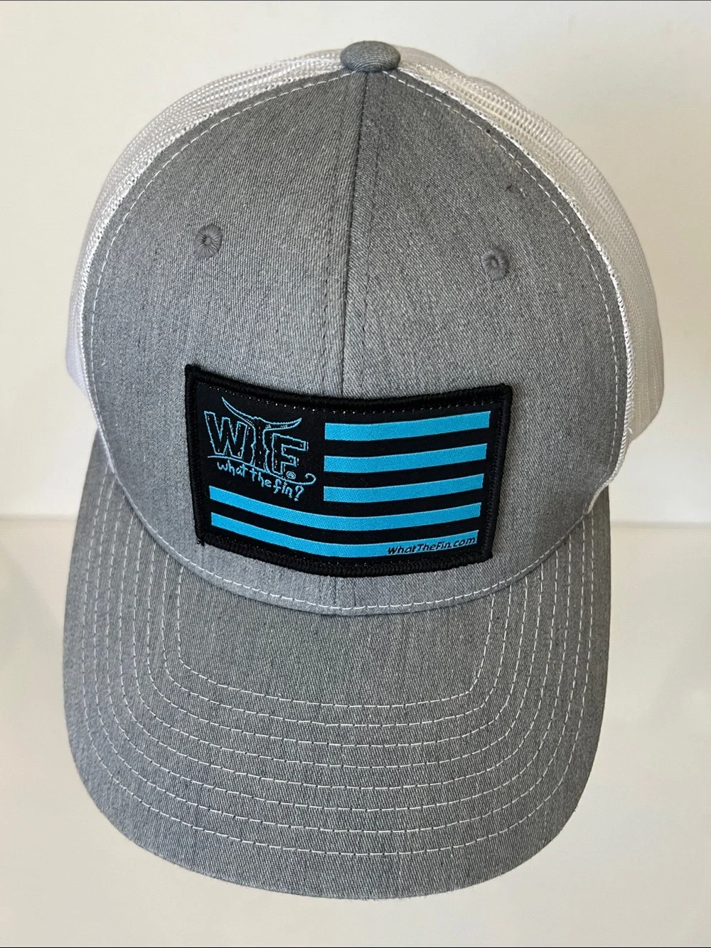 WTF What The Fin? Grey & Blue Patch Trucker Hat